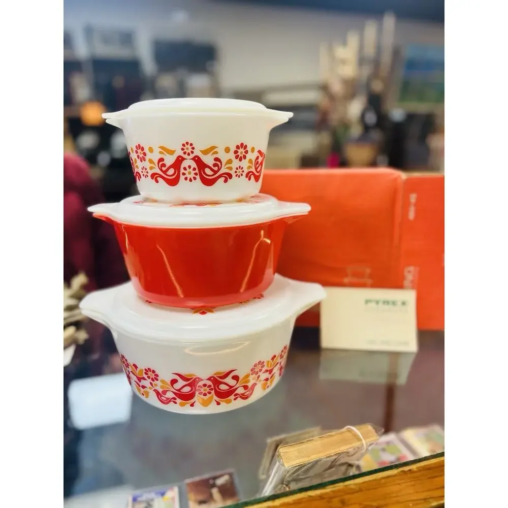 Pyrex Friendship 480-45 3 Casserole Set 473 474 475 NEW WITH BOX White Covers